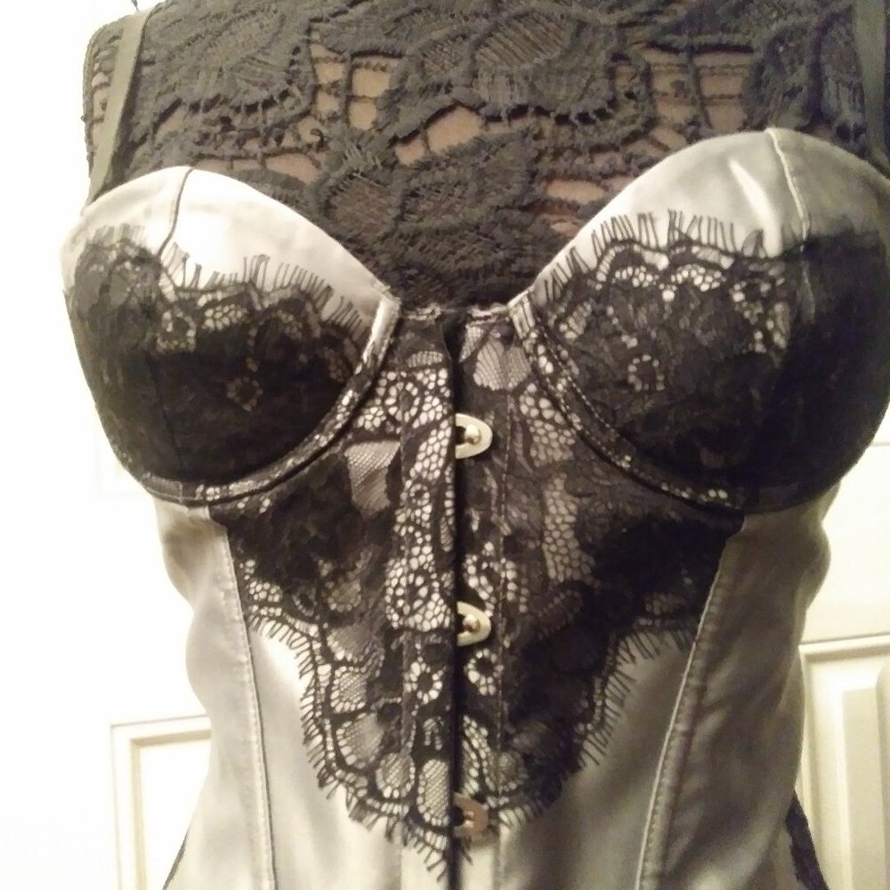 Stunning Silver Corset with Black Eyelash Lace Embellishments Overbust - Picture 2 of 14